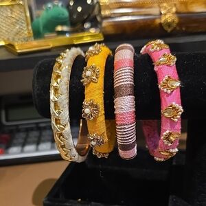 Source Unknown Pink, Yellow, Cream and Gold Textile Bangle Bracelet Set
